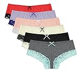 6 Pack: Free to Live Women's Lace Trim Cotton Hipster Panties (Medium),Black, Baby Pink, Charcoal, Ivory, Lavender, Red