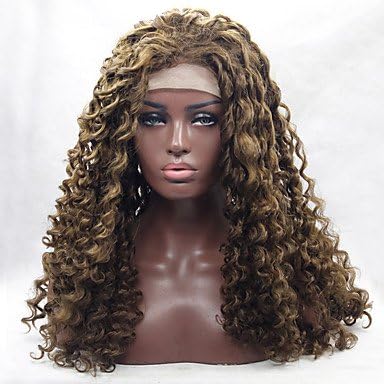 TY Top Selling Brown Blonde Curly Fiber Hair Half Handmade Heat Resistant Glueless Synthetic Lace Front Wigs , 18 inch