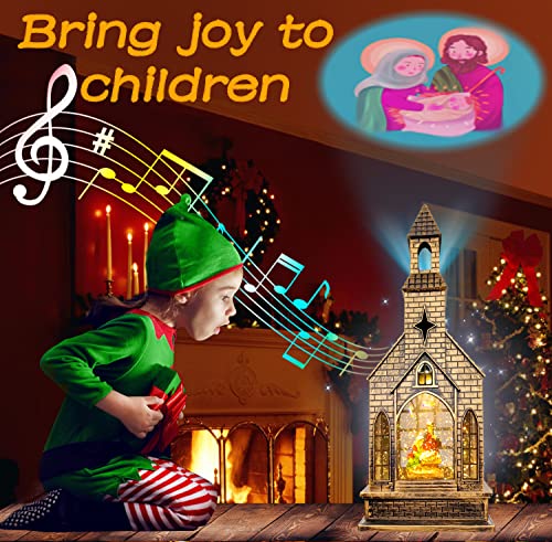 Christmas Snow Globes Lighted Water Lantern Glittering with Music, Battery Operated&USB Powered with 8 Songs &Timer, Nativity Water Globe Church Lantern for Christmas Home Decorations