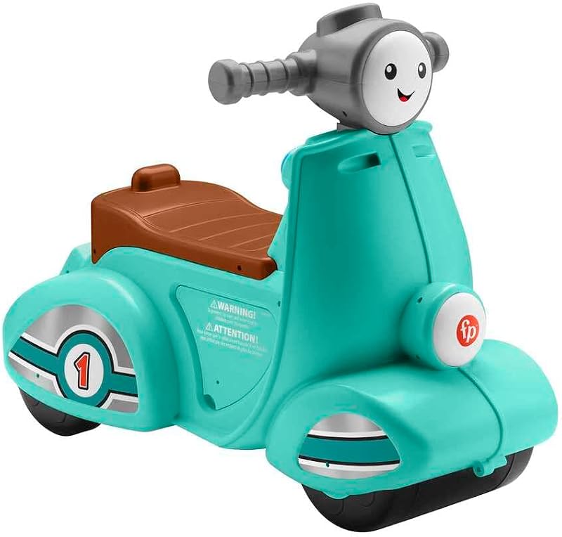 Fisher-price rir e aprender scooter de motocicleta brinquedo de passeio com sons, bebês +1 ano, espanhol + italiano + francês + inglês + alemão + versão holandesa (hmv76)