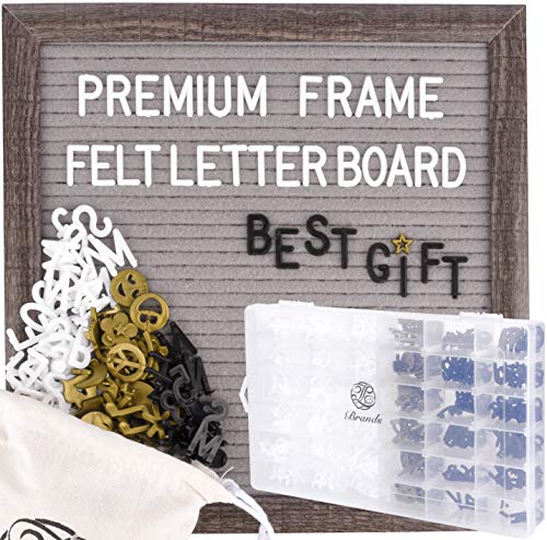 Letter Board - Rustic Brown Wood, Gray Felt, Sorting Tray, 525 Precut White, Gold, Black Letters, Numbers, Emojis, 10x10 Farmhouse Antique Vintage Frame Changeable Message, Stand, Cotton Bag JL Brands