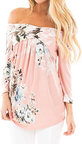 Floral Season Women Ladies Plus Size Fashion Off Shoulder 3 4 Sleeve Floral Print Blouse Top Pink X-Large