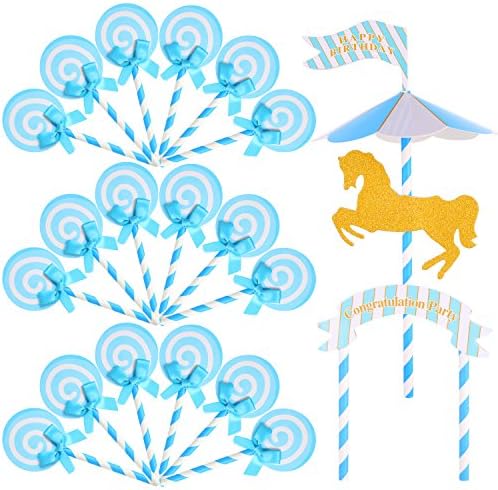 WinWitem Merry-Go-Round and Lollypop Happy Birthday Cake Toppers Party Decorations -Blue