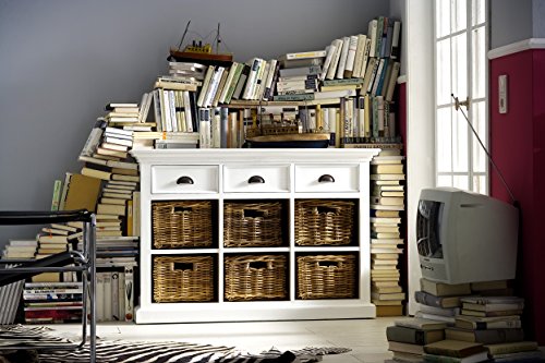 NovaSolo Halifax Pure White Mahogany Wood Sideboard Dining Buffet With Storage, 3 Drawers And 6 Rattan Baskets