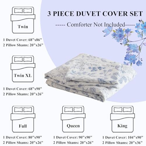 LifeTB Vintage Style Cotton Floral Duvet Cover Queen Boho Blue Floral Bedding Sets Chic Shabby Aesthetic Floral Comforter Cover Soft Botanical Bedding Sets 1 Queen Duvet Cover 2 Pillow Shams