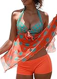 Dearlove Womens Sexy Halter Patchwork Printed Open Back Tankini Top Set Two Piece Swimsuits