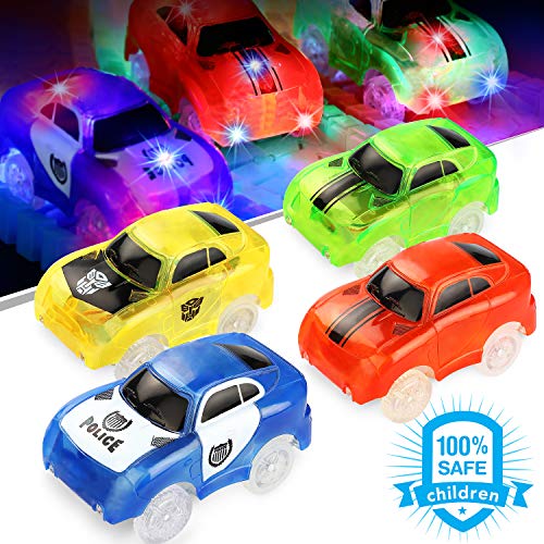 Track Cars, BOVN Light-Up Fastest Speed Tracks Cars Replacement With 5 Flashing LED Lights Race Car Toy Racing Cars Track Accessories Compatible with Most Tracks(4 Packs) (5 LED Lights)