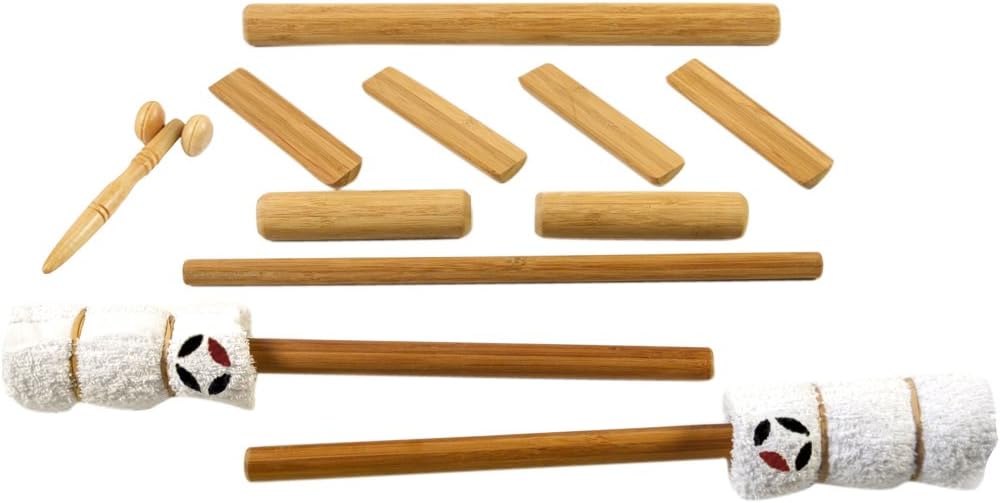 MassageByHeat Solid Bamboo Massage Stick Set with Face Roller - Pack of 10 Pieces
