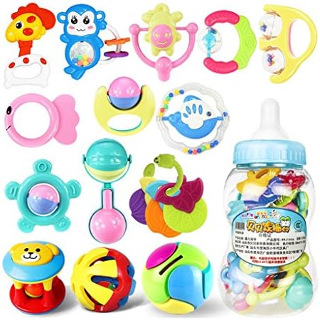 ROWAG 16 Pieces Baby Rattles and Teethers Playset with Gift Bottle Educational Infants Coin Bank Toys for Toddler Newborn