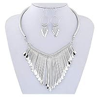 Juland Statement Bib Necklace with Metal Fringe Drop Choker Necklace Earrings Set Fashion Bohemian Punk Ethnic Style for Women and Girls - Silver