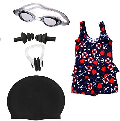 Golden GirlGirls Swimming Kit with Swimming Costume Swimming Goggles Silicone Swimming Cap 1 Nose Clip 2 Ear Plugs (Black_2-3 Years)