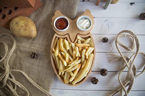 The Mammoth Design Chips and Dip Serving Platter | Serveware with Porcelain Sauce Bowl | Organic Wooden Snack, Appetizer Tray, Dish | Decorative Home, Kitchen Accessory | for Kids, Adults (Owl)