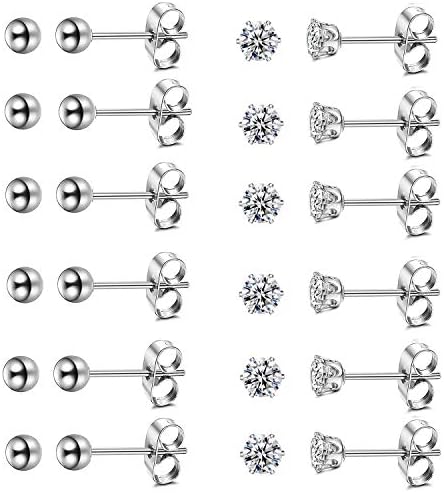 316L Surgical Stainless Steel Round Ball Studs Earrings 6-12 Pair Set Assorted Sizes