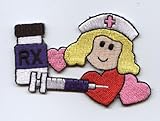 Medical Nurse Face with Needle, Hearts and Medicine Iron On Patch