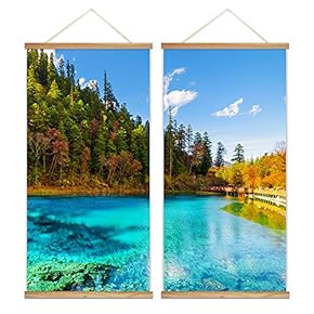 2 Panel Hanging Poster with Wood Frames - Landscape of Calm Lake in The Forest - Ready to Hang Decorative Wall Art - 18"x36" x 2 Panels