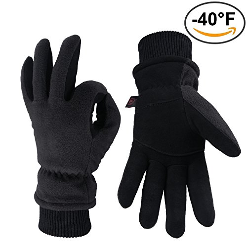 OZERO Snow Gloves, -40°F Cold Proof Leather Winter Thermal Glove |Deerskin Suede Palm and Polar Fleece Back with Heatlok Insulated Cotton| Windproof & Waterproof - Warm hands for Women/Men - Denim(S)