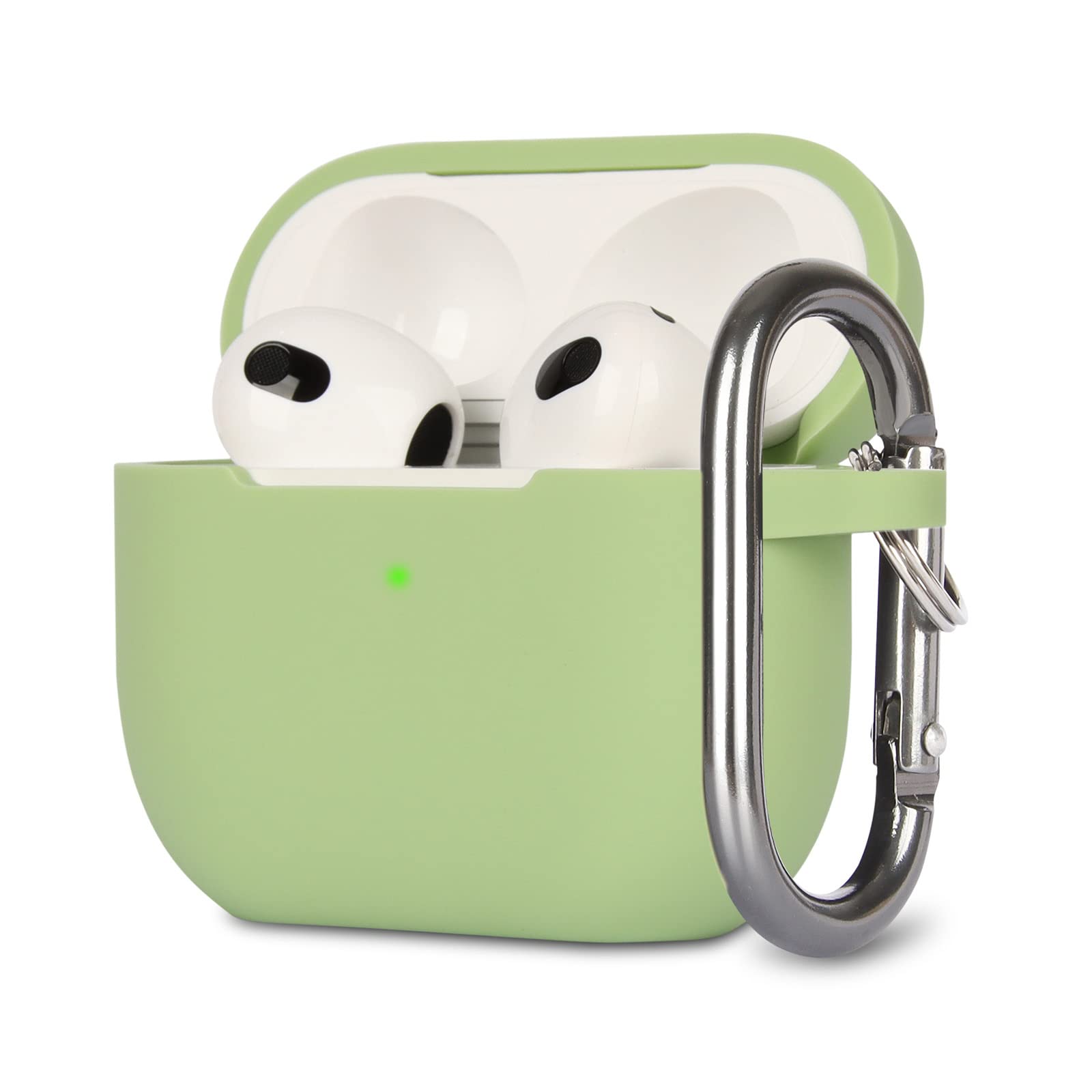 KOKOKA Case Cover Compatible with Airpods 3, Soft Silicone Skin Case Cover Shock-Absorbing Protective Case for Airpods 3rd Generation with Carabiner, Front LED Visible, Matcha Green