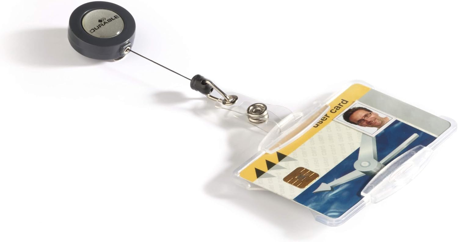 Durable Security Pass Holder 54 x 85 with Badge Reel Transparent | Pack of 10 Badges | Badge Reel Length 80cm