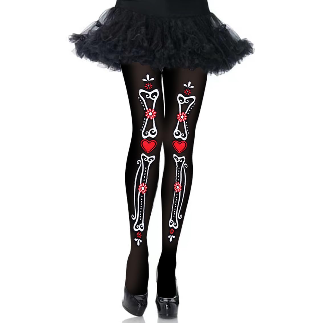 Photo 1 of Day of The Dead Skeleton Tights Dia De Los Muertos Legging with Feet, Halloween Zombie Costume Skull Stocking Socks (Medium Size)