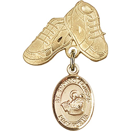 14kt Yellow Gold Baby Badge with St. Thomas Aquinas Charm and Baby Boots Pin 1 X 5/8 inches