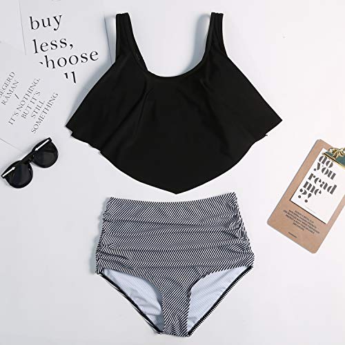 Donnalla Swimsuit for Women Two Pieces Bathing Suits Ruffled Top with High Waisted Bottom Tankini Set Black-Striped XX-Large