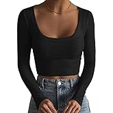 Artfish Women's Square Neck Long Sleeve Ribbed Slim Fitted Casual Basic Crop Top