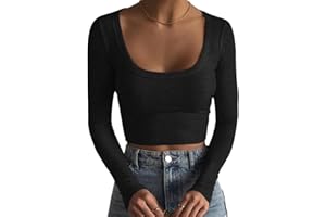Artfish Women's Square Neck Long Sleeve Ribbed Slim Fitted Casual Basic Crop Top