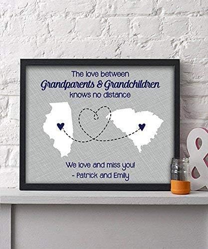 Personalized Grandparent Paper Art Print | Long Distance Grandparent Gift | Grandparent Map | Grandparent Gift | Grandma Gift | Grandpa Gift | Grandparent Poster | Grandparent Art | Two State Print