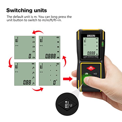 URCERI Laser Measure 198ft, Digital Laser Distance Meter with Mute Function,LCD Backlit Display and Bubble Levels, Measure Distance,Area and Volume,Pythagorean ,Battery Included