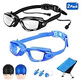 2 Packs Swim Goggles + Swim Caps + Nose Clip + Earplugs + Mesh Pouches, SiFree NO Hurt Nose NO Leaking Anti Fog UV Protection Swimming Glasses & Swim Gear for Women Men Kids Girls Boys