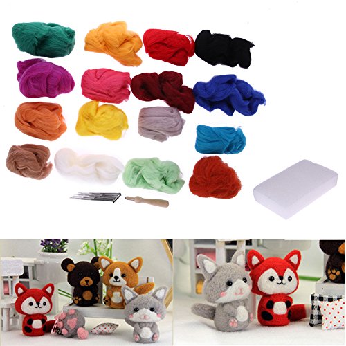 Soft Wool Felt + Felting Needle Tools Set Mat Starter Kit DIY Craft, Set of 25/16 Colors (16 Colors)