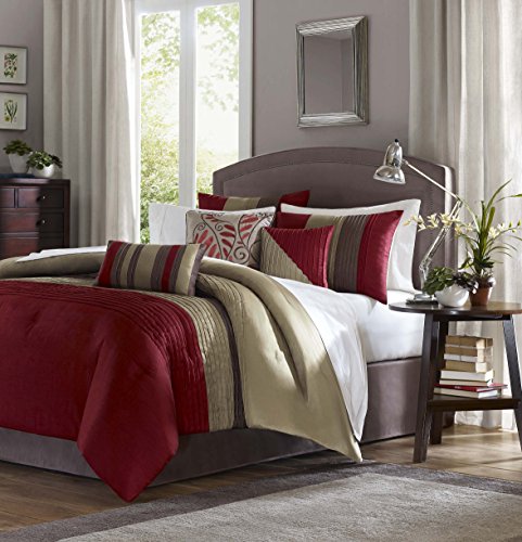 Madison ParkAmherst Faux Silk Comforter Set-Casual Contemporary Design All Season Down Alternative Bedding, Matching Shams, Bedskirt, Decorative Pillows, Cal King(104"x92"), Red, 7 Piece (MP10-039)