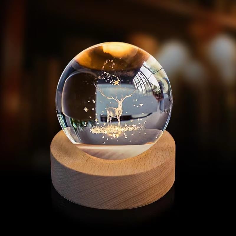 Besot 3D Crystal Wapiti Ball Figurine Feng shui Office Decorative Storm Glass Ball Balls Ornaments Animal Wapiti Statue Crafts (80mm)