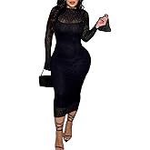 Famnbro Womens Lace Dress Long Sleeve Sexy See Through Bodycon Elegant Formal Party Cocktail 2 Piece Dresses Sets