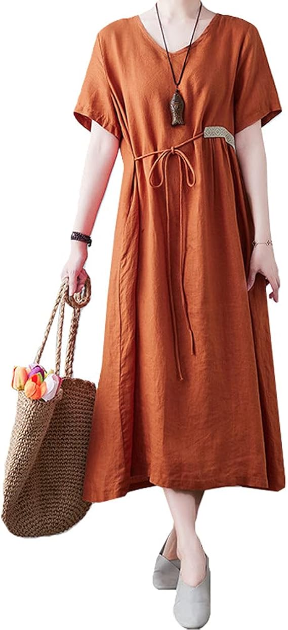 Zuomaレディース ワンピース ロングワンピース 台形ワンピース 夏 クルーネック 半袖 ファッション 無地 シンプル ゆったり 柔らか ハイウエスト ワンピース チュニック 通販 Amazon