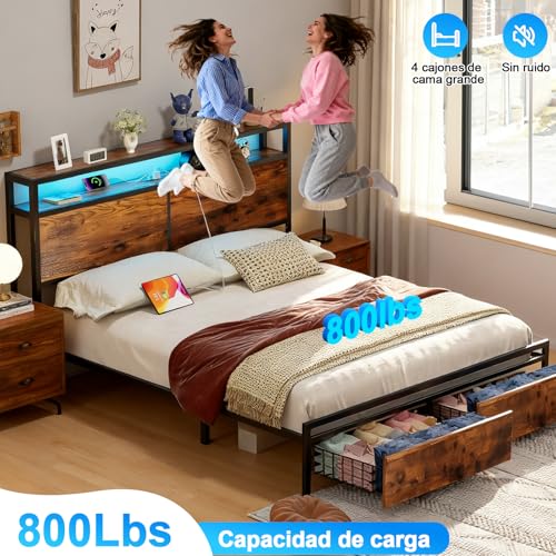 WELIKERA Marco de Cama con 2 Cajones, Base Cama King Cabecera con Luces Led, Base de Cama con Cabecera Estación de Carga USB y Espacio de Almacenamiento, Cama King Marco de Cama Fácil Montaje