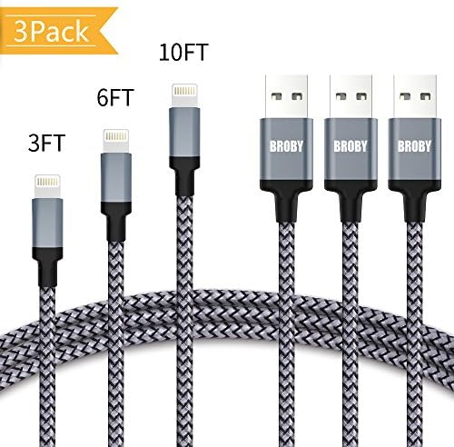 BROBY Lightning Cable [3 Pack: 3FT/6FT/10FT] Braided Nylon USB Cable with Lightning Connector for iPhone X / 8 / 8 Plus / 7 / 7 Plus / 6 / 6 Plus / 5s, iPad Pro Air 2 ect - Gray