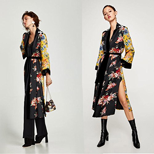 Tsmile Women's Coat Clearance Printed Bohemia Floral Tassel Long Kimono Beach Oversized Shawl Tops (L, Yellow)