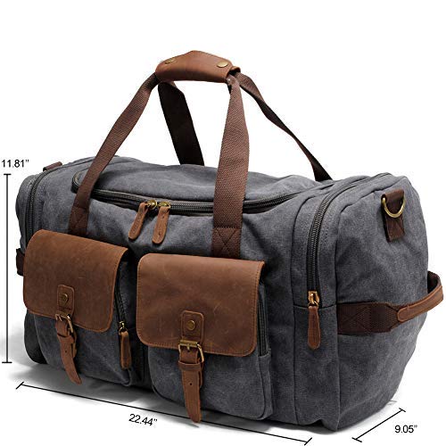 Kemy's Canvas Duffle Bag for Mens Oversized Overnight Bag Weekend Duffel Weekender Travel Bags Leather Doufle Gym Carryon Airplanes Carry On Luggage Large Easter Gifts Grey