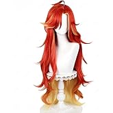 Beutthiar Red Yellow Wig for Mavuika Cosplay, Wavy Costume Wig, Synthetic Hair with Bang for Women Halloween Carnival Party