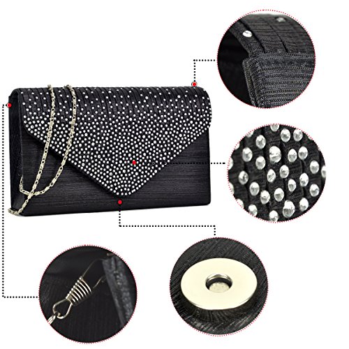 Womens Envelope Flap Clutch Handbag Evening Bag Purse Rhinestone Crystal Glitter Sequin Party Black - Thumbnail 3