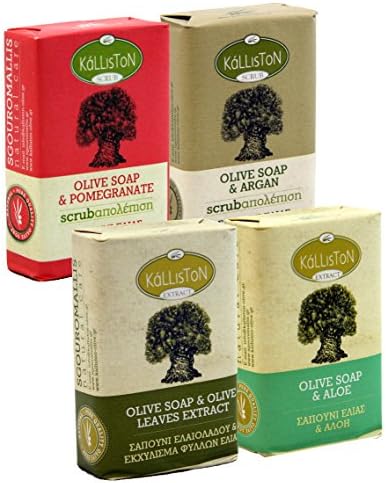 Kalliston, Mediterranean Collection, Includes Olive Oil Scrubs Pomegranate and Argon & Olive Oil Extract Soaps Olive Leaves and Aloe, Made in Ancient Crete, Greece, Pack of 4