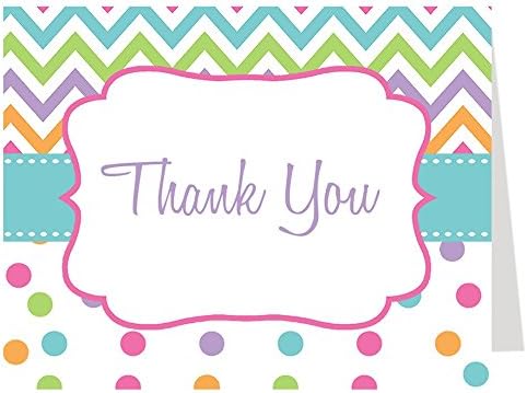 Thank You Cards, Baby Shower, Chevron Stripes &amp; Polka Dots, Rainbow Baby, White, Aqua, Purple, Pink, Orange, Green, Gender Neutral, Set of 50 Folding Notes with Envelopes