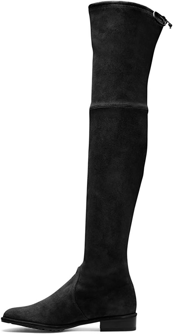 Jushee Knee High Boots for Women Round Toe Thigh High Over The Knee Boots Stretch Suede Flat Heel Tall Booties