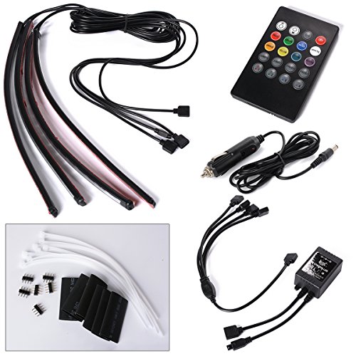 Xcellent Global 4pcs 12 Inch 8 Color Car Interior Light LED Decoration Atmosphere Neon Light Strip Under Dash Light Kit with Sound Active Function Wireless IR Remote Control DC 12V Car Charger AT010