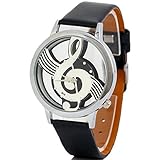 Hemlock Personal Men's Womens Music Note Pattern Watches PU Leather Band Quartz Wrist Watches Black