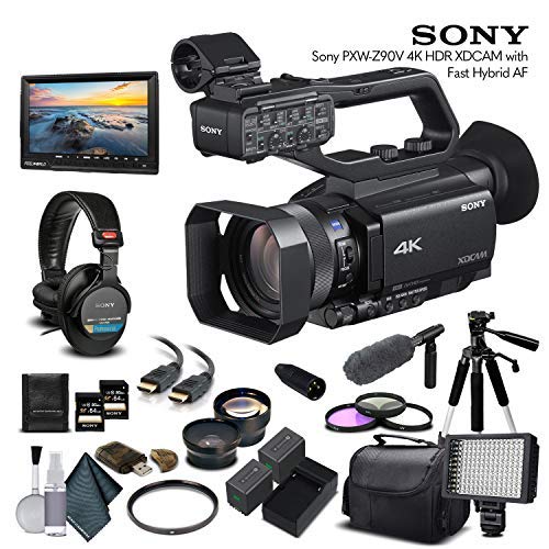 Sony PXW-Z90V 4K HDR XDCAM with Fast Hybrid AF(PXW-Z90V) with 2-64GB Memory Card, 2 Extra Batteries, UV Filter, LED Light, Case, Tripod, Sony Mic, Sony MDR-7506 Headphones - Professional Bundle
