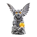 Collections Etc Outdoor Decorations Mythical Gargoyle Statue with Solar Powered Outdoor Lights, Garden, Yard, Porch, Patio, Lawn, Stone Gray Color