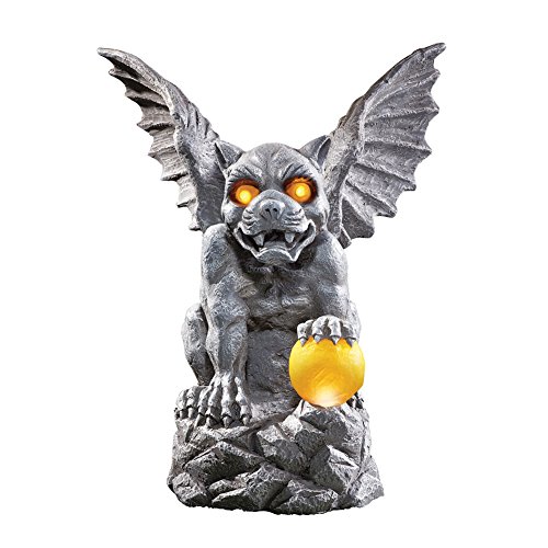 Collections Etc Outdoor Decorations Mythical Gargoyle Statue with Solar Powered Outdoor Lights, Garden, Yard, Porch, Patio, Lawn, Stone Gray Color