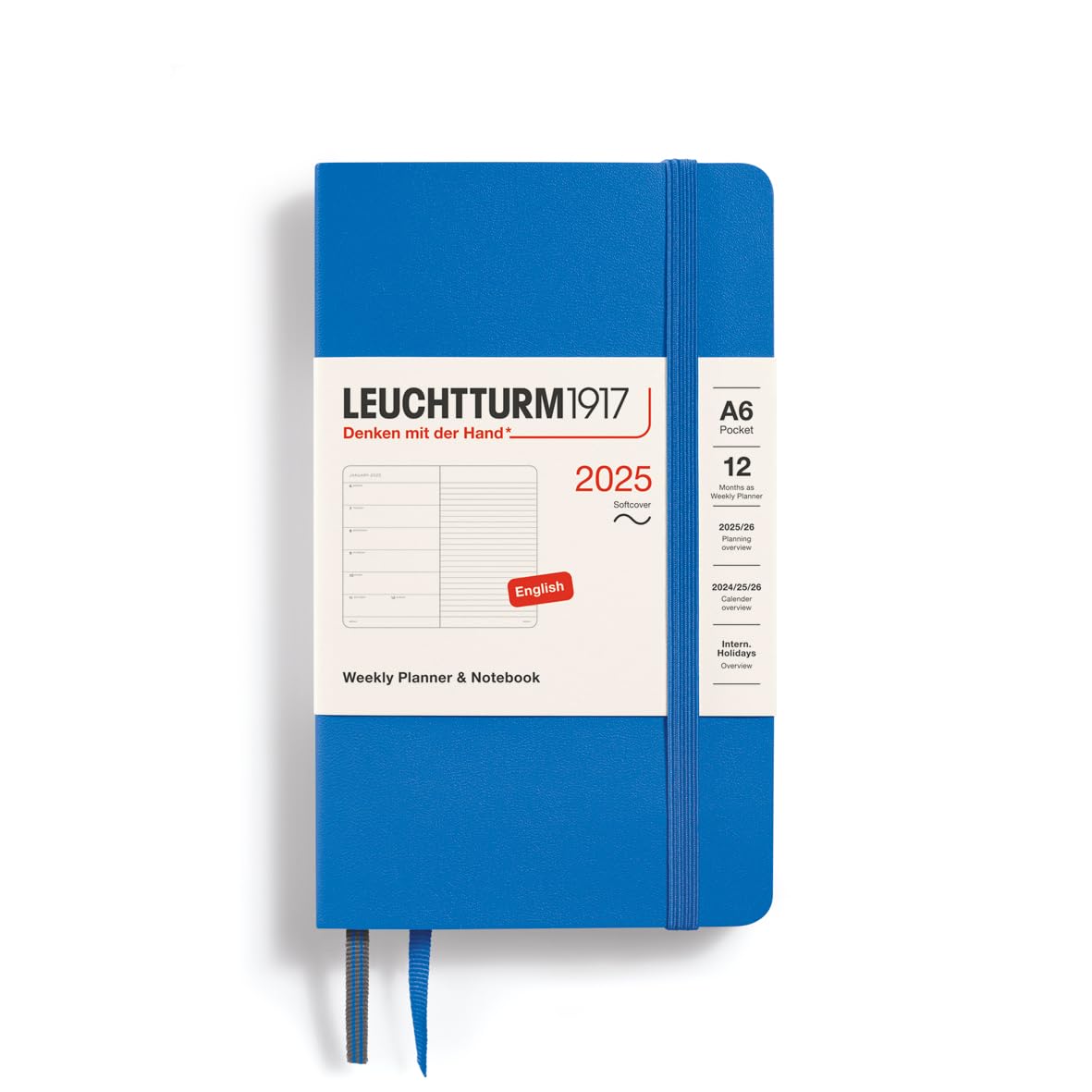 LEUCHTTURM1917 370766 Weekly Calendar & Notebook 2025, Pocket A6 Softcover - 12-Month Planner, Lined - Sky, English